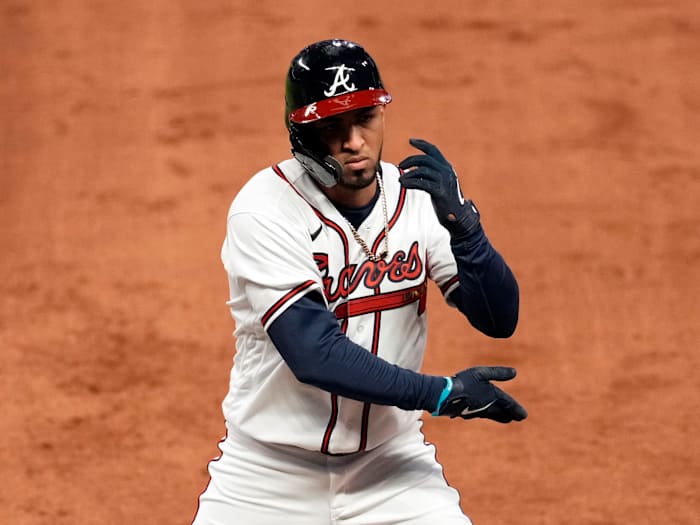 Oct 30, 2021; Atlanta, Georgia, USA; Atlanta Braves left fielder Eddie Rosario (8) reacts after a single against the Houston Astros during the third inning of game four of the 2021 World Series at Truist Park.
